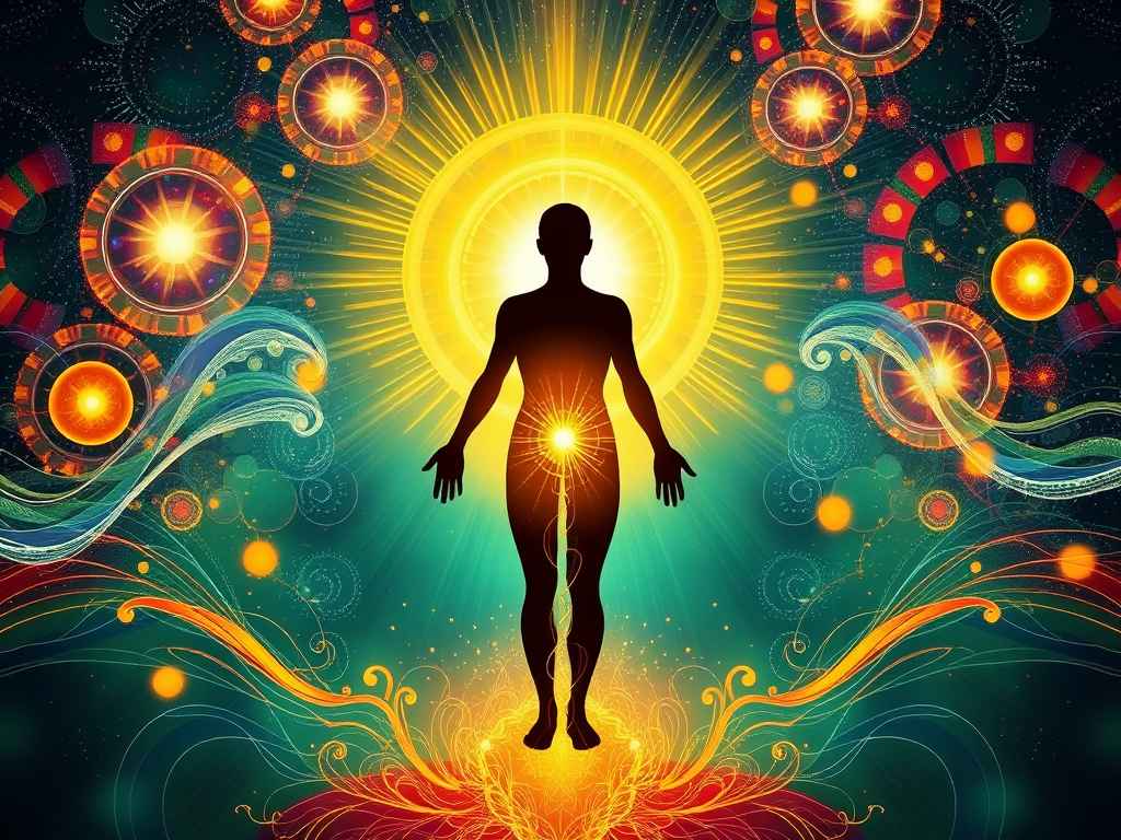 "A radiant human silhouette" surrounded by "glowing orbs of light," "vibrant energy waves," and "abstract growth patterns" symbolizing transformation and self-discovery.