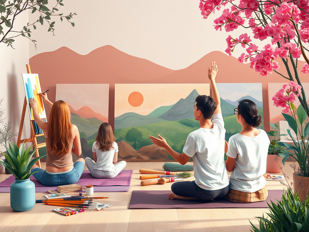 Een serene online kunstles met diverse deelnemers die schilderen.