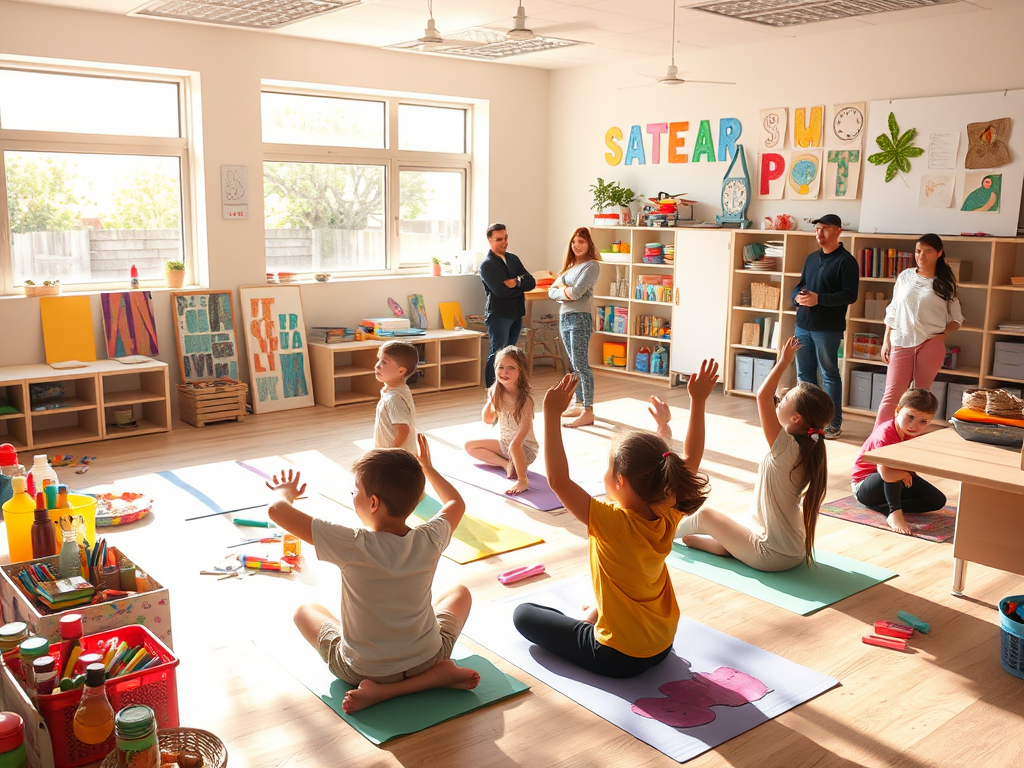 Een rustige klas met kinderen die yoga doen en ouders.