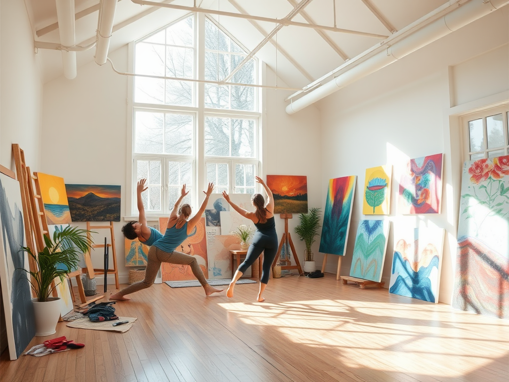 Een serene kunststudio met dansende mensen en kleurrijke schilderijen.