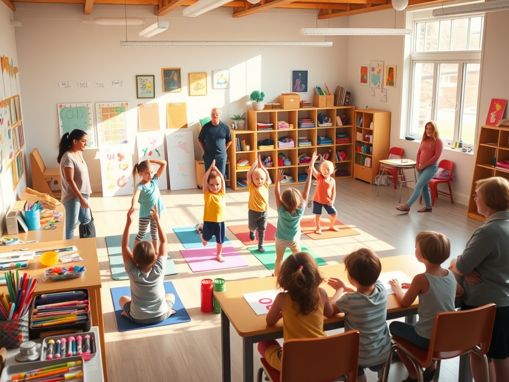Een rustige klas met kinderen die yoga doen.