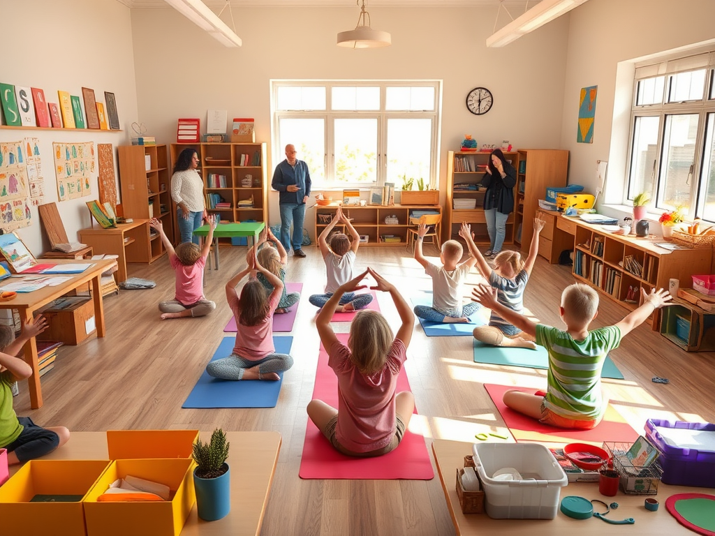 Een klaslokaal met kinderen die yoga beoefenen en ouders kijken.