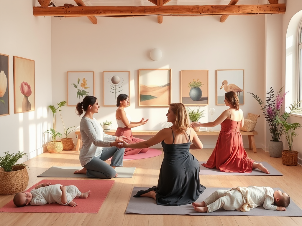 Vrouwen oefenen Feldenkrais in een serene studio met baby's.