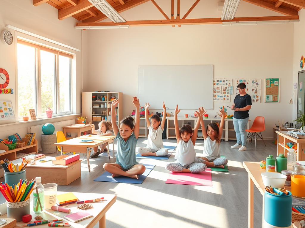 Een klaslokaal met kinderen die yoga doen en ouders die toekijken.