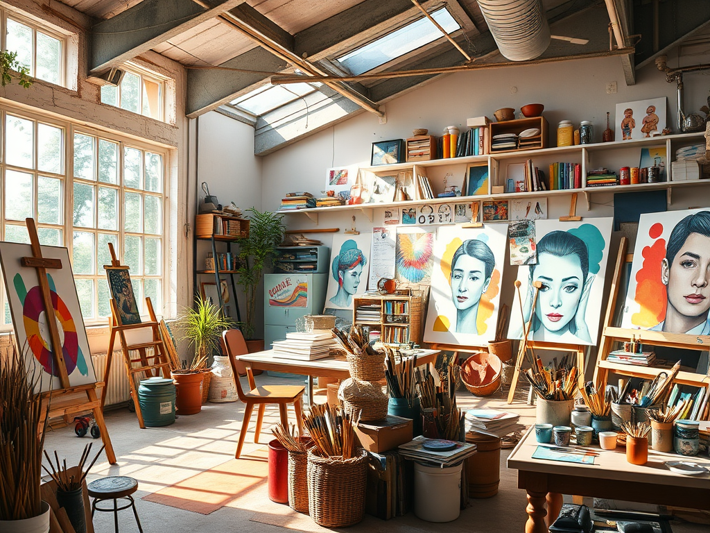 Een levendige kunststudio vol kleurige verf en doeken.