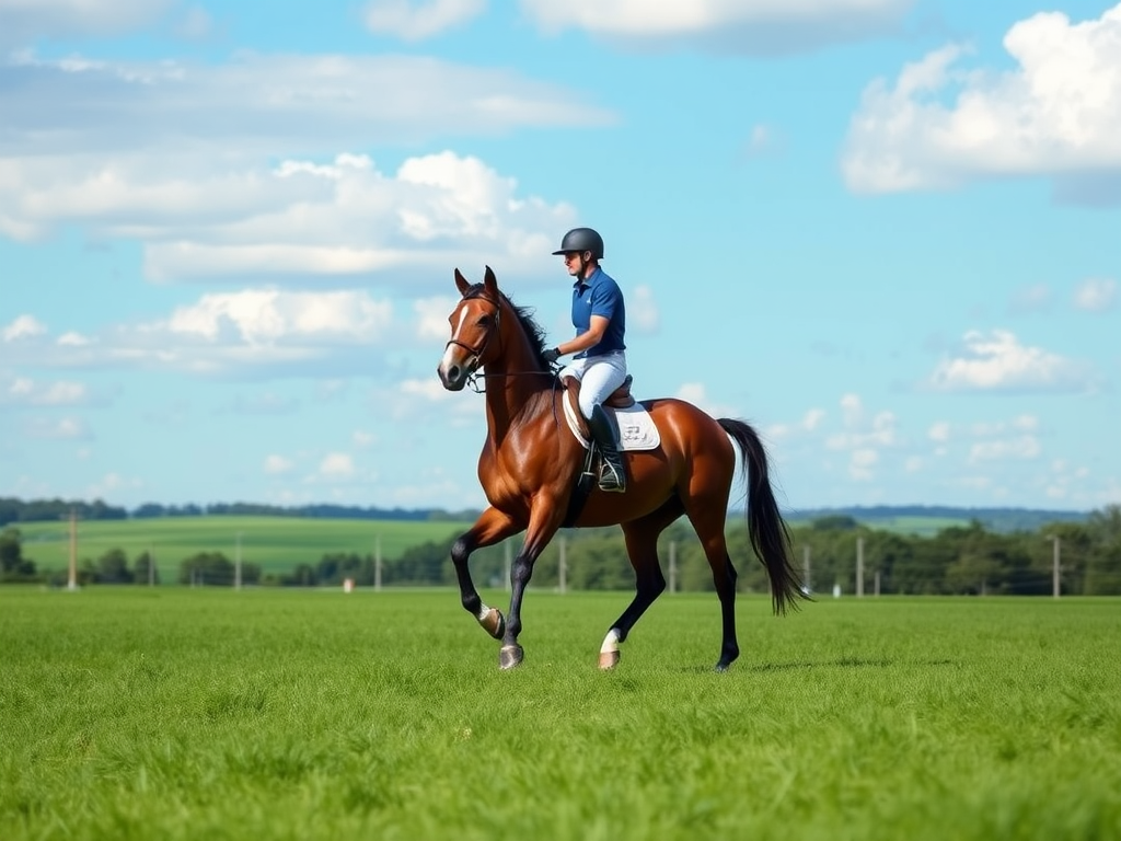 Ruiter op paard in een groene omgeving.