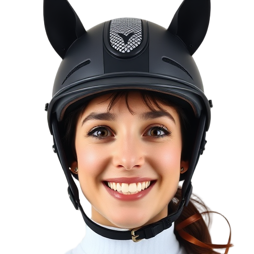 Een persoon met een zwart paardrijhelm en een glimlach.