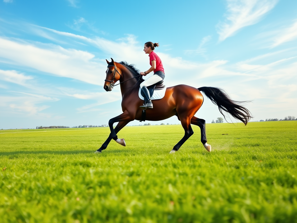 Ruiter te paard in een groene weide onder blauwe lucht.