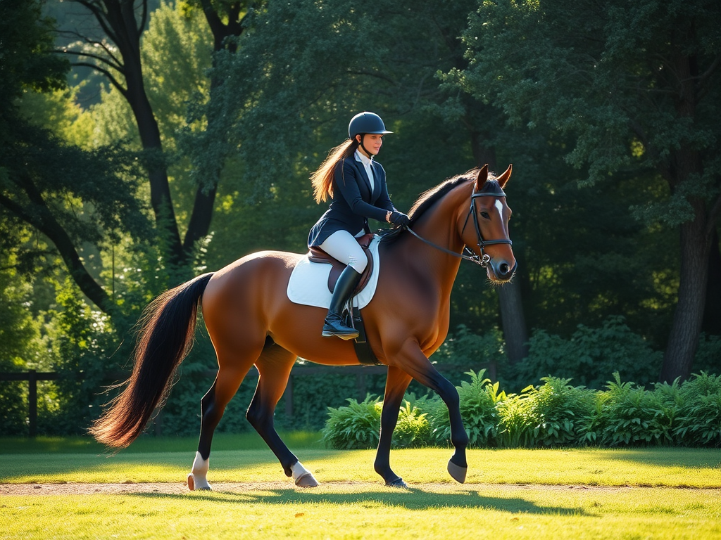 Een ruiter in perfecte houding op een paard, omringd door groen.