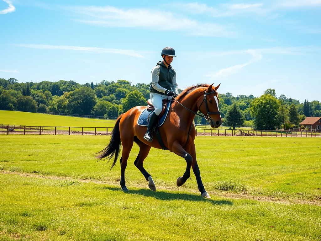 Een ruiter op een paard in een groene weide.