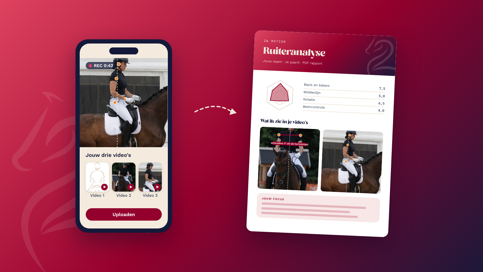 Telefoon met de video van een ruiter en het PDF rapport van de videocoaching