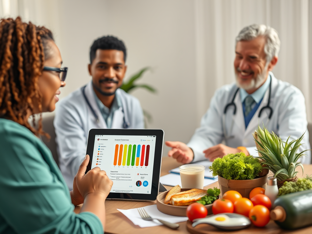 "a calm medical consultation setting" "a digital tablet showing colorful blood test results with Omega-3 and Omega-6 indicators" "a caring doctor explaining to a diverse patient" "soft natural lighting" "symbols of health like fresh vegetables and fish on