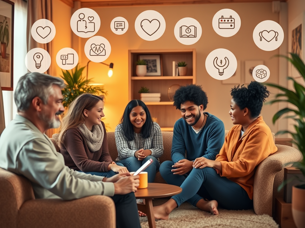 A warm, supportive setting with "diverse people in a cozy room" engaged in "interactive learning," surrounded by "health-related icons," soft lighting, and caring expressions.