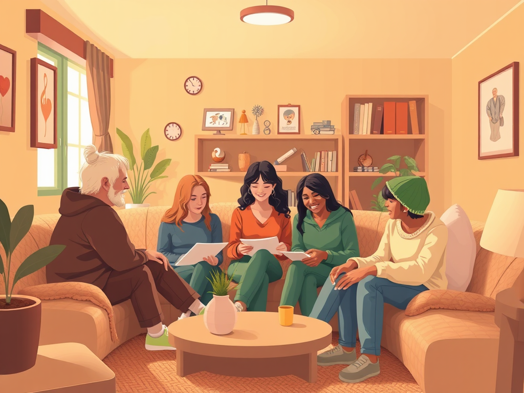 A warm, supportive setting with "diverse people in a cozy room" engaged in "interactive learning," surrounded by "health-related icons," soft lighting, and caring expressions.