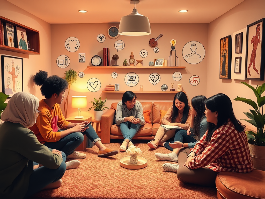 A warm, supportive setting with "diverse people in a cozy room" engaged in "interactive learning," surrounded by "health-related icons," soft lighting, and caring expressions.