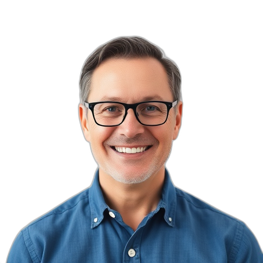 Een glimlachende persoon met een blauwe blouse.