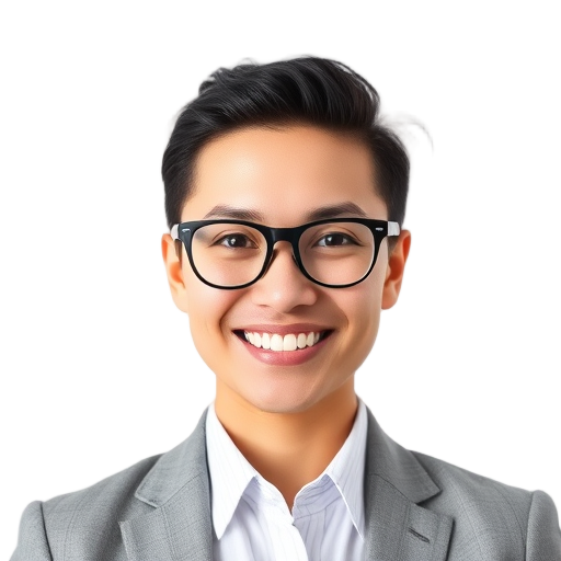 Een persoon die glimlacht naar de camera met een witte achtergrond.