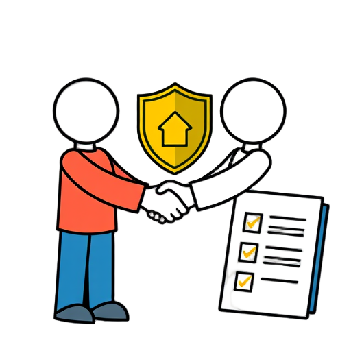 Twee figuren schudden handen met een schild en document.