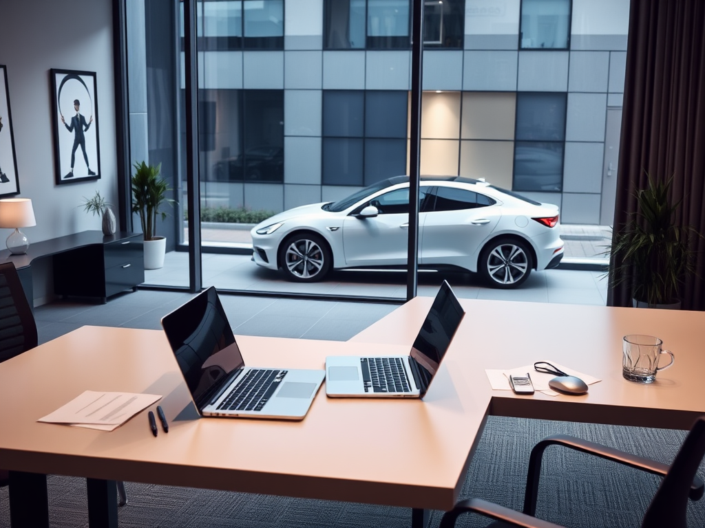 Een modern kantoor met een bureau, laptops en een leaseauto.