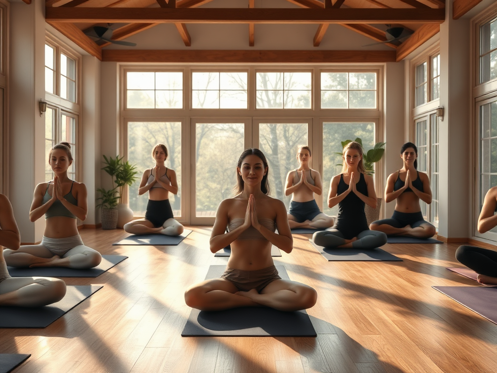 "a serene yoga studio" "soft natural light filtering through large windows" "people practicing diverse breathing techniques" "calm expressions, flowing movements" "subtle glowing energy lines around bodies" "peaceful, balanced atmosphere"