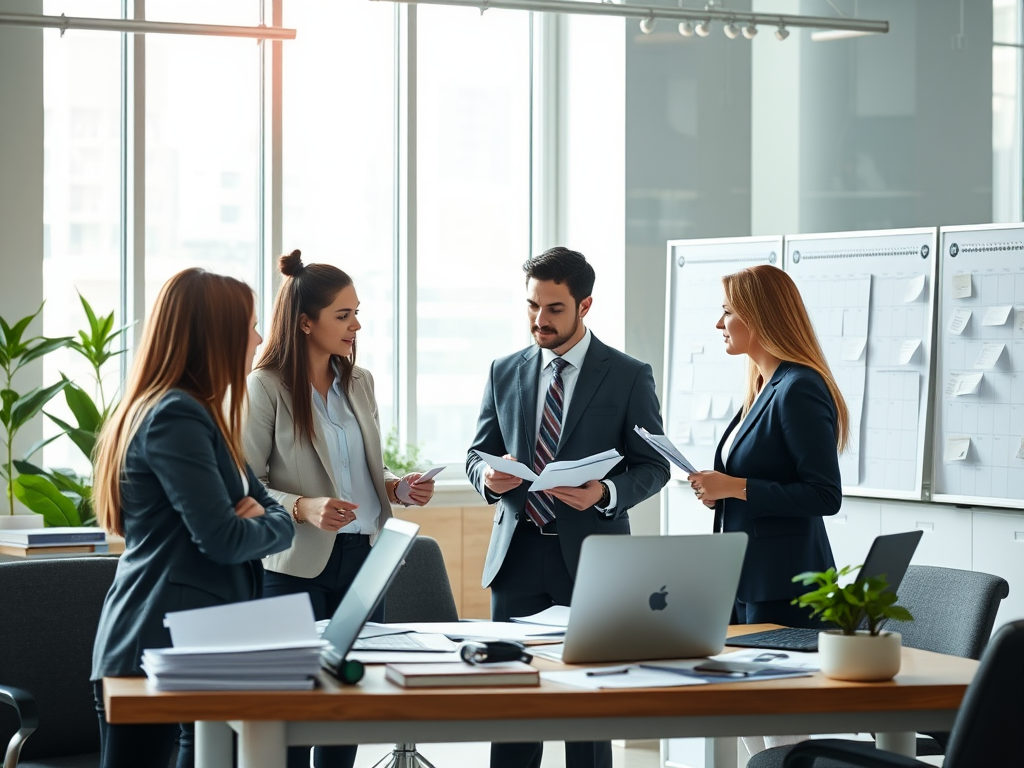 "A professional office scene" with "a diverse group discussing documents" surrounded by "checklists, calendars, and laptops" under "bright natural light," symbolizing "effective absence management and organized workflow."