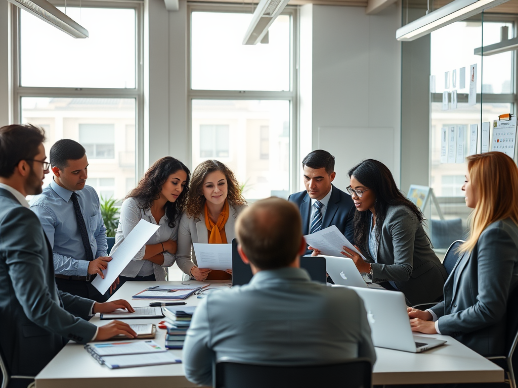 "A professional office scene" with "a diverse group discussing documents" surrounded by "checklists, calendars, and laptops" under "bright natural light," symbolizing "effective absence management and organized workflow."