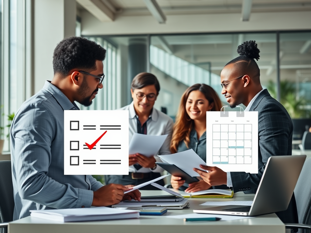 "A professional office scene" with "a diverse group discussing documents" surrounded by "checklists, calendars, and laptops" under "bright natural light," symbolizing "effective absence management and organized workflow."