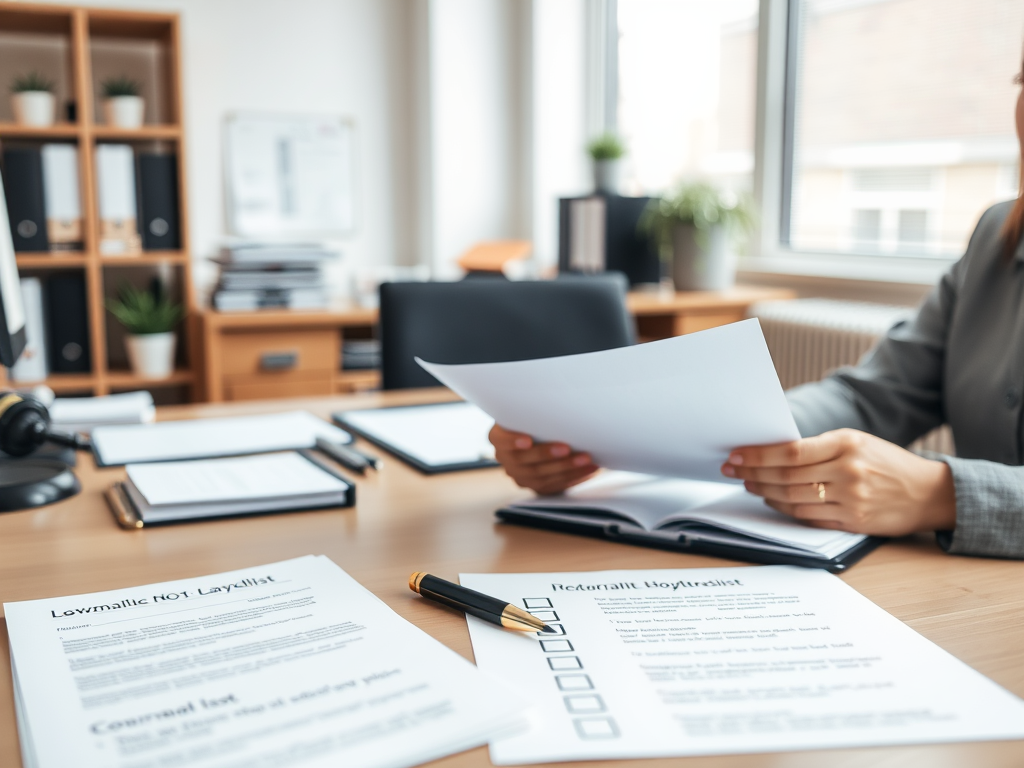 "an office desk" with "legal documents neatly arranged," "a checklist with marked boxes," "a professional person reviewing papers," surrounded by "calm, organized workspace" and "soft natural light."