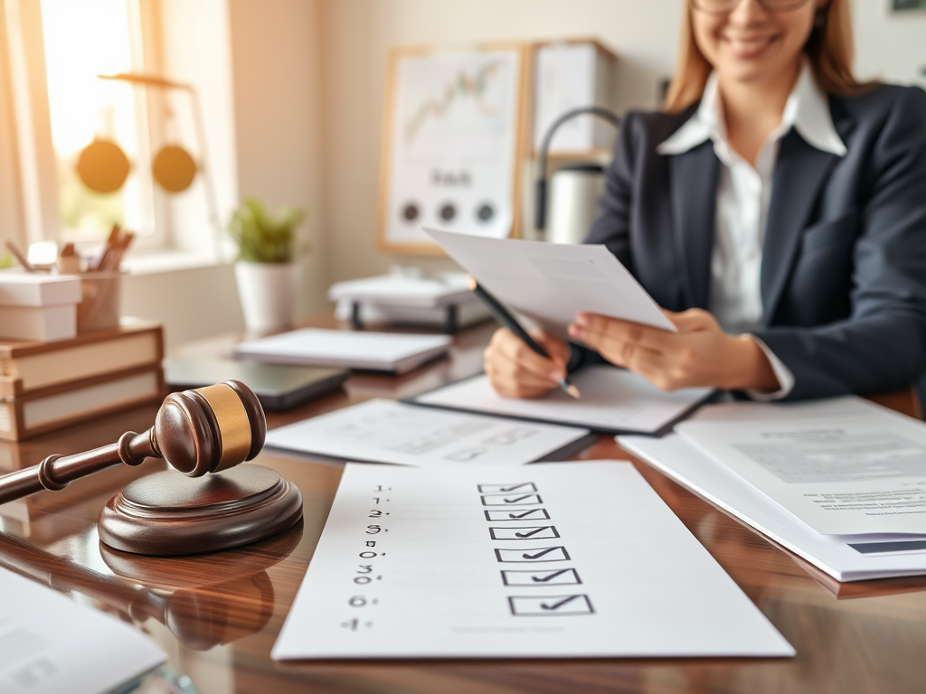 "an office desk" with "legal documents neatly arranged," "a checklist with marked boxes," "a professional person reviewing papers," surrounded by "calm, organized workspace" and "soft natural light."