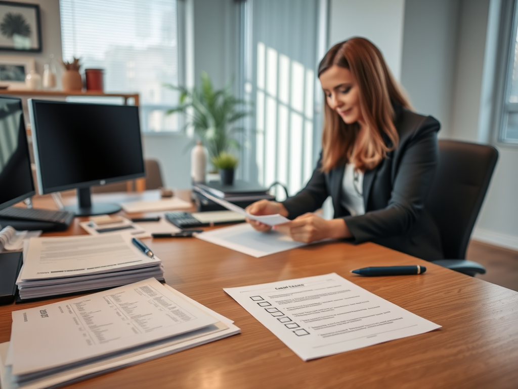 "an office desk" with "legal documents neatly arranged," "a checklist with marked boxes," "a professional person reviewing papers," surrounded by "calm, organized workspace" and "soft natural light."