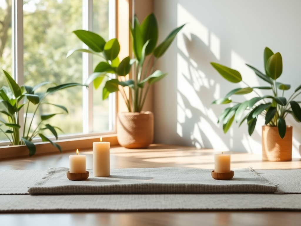 Een serene meditatieruimte met kaarsen en planten.