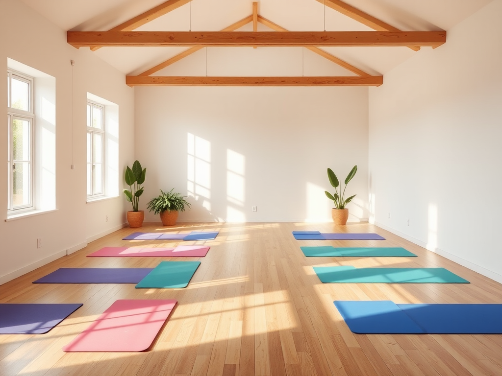 Een rustige yogastudio met kleurrijke matten en planten.
