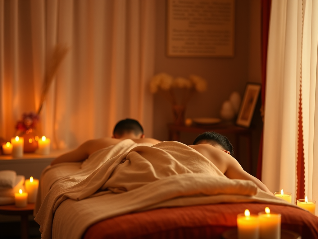 Een ontspannen stel geniet van een massage in warme kleuren.