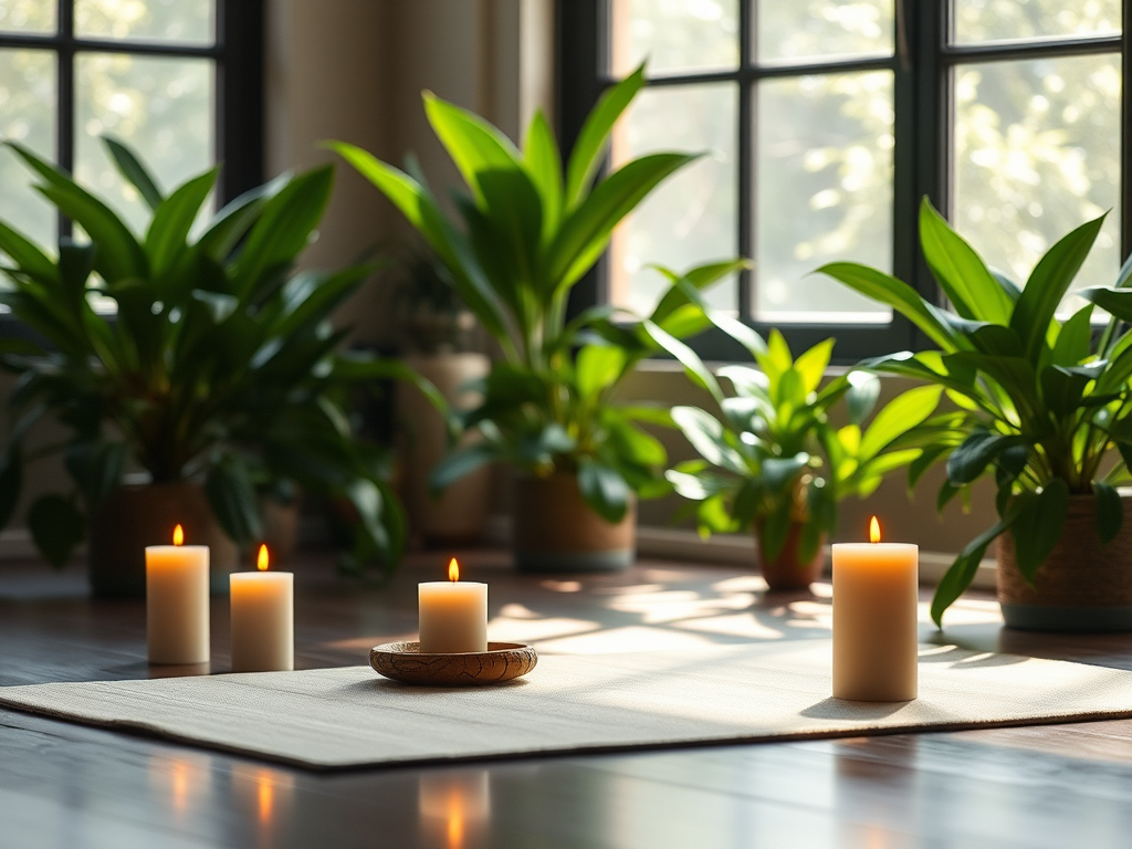 Een rustige meditatieruimte met een mat en kaarsen.