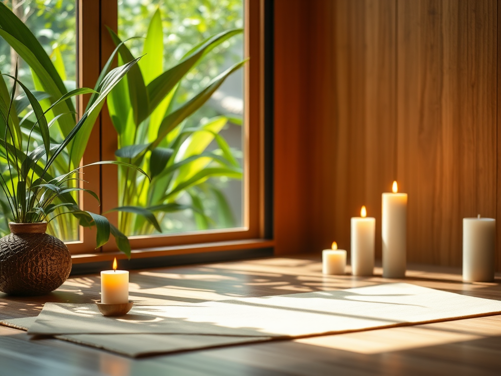 Een serene meditatieruimte met kaarsen en planten.