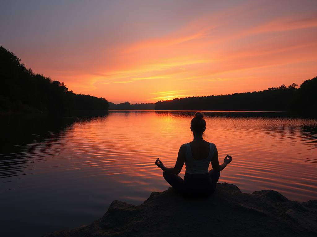 Een serene zonsopgang boven een rustige vijver met meditatie.