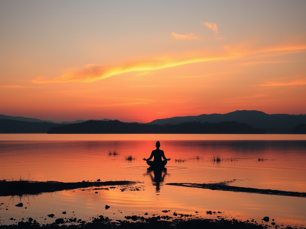 Een serene zonsopgang boven een rustig meer met meditatie.