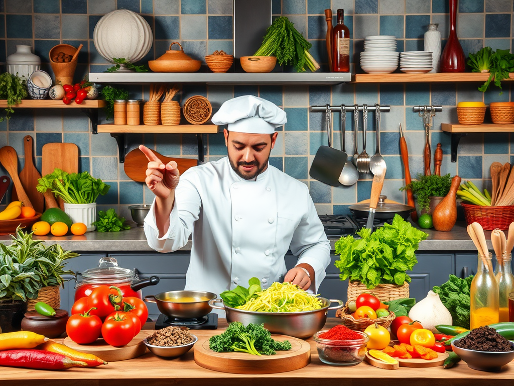 Een levendige keuken met een chef die kooktechnieken demonstreert.