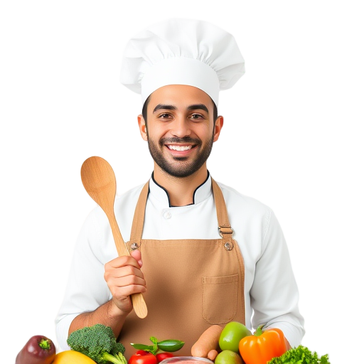 Een glimlachende chef-kok met een lepel en groenten.