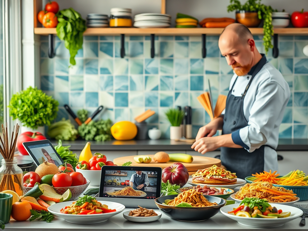 Een levendige keuken met verse ingrediënten en een kok.