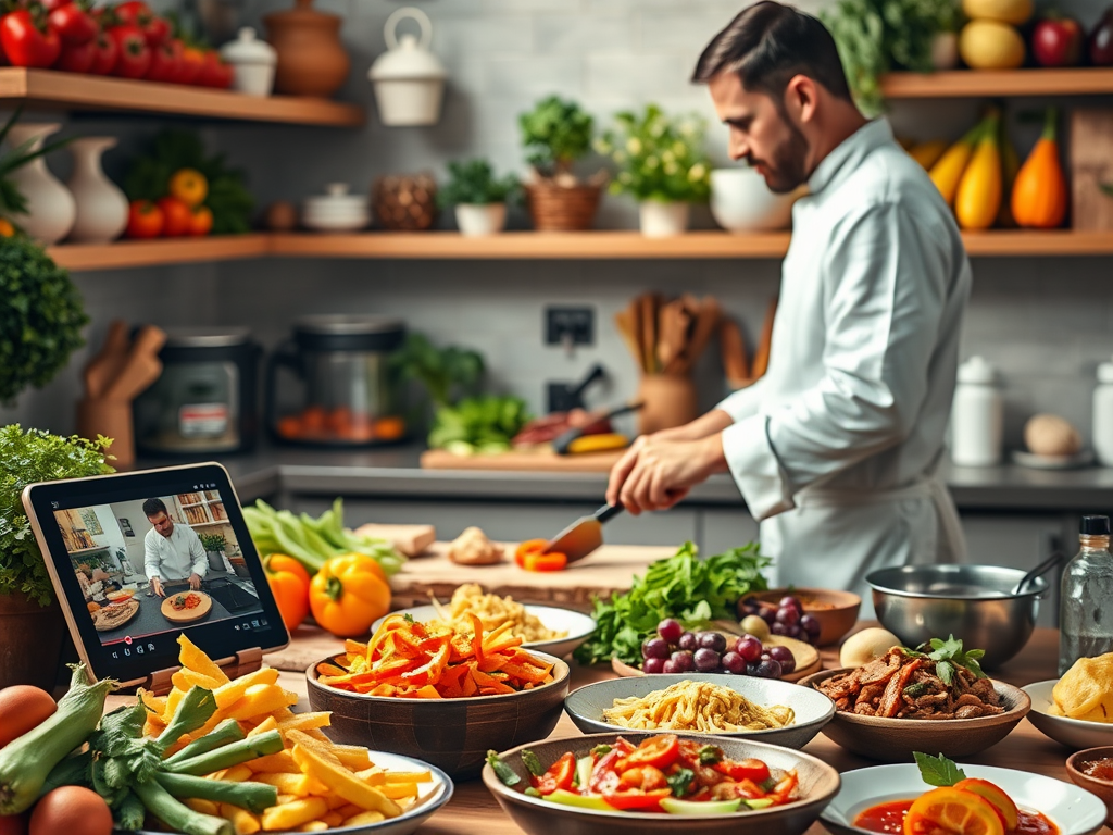Een levendige keuken met verse ingrediënten en een chef.