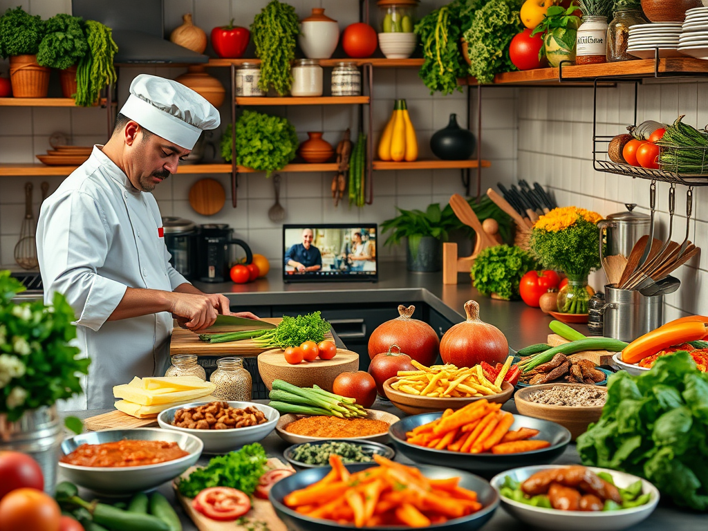 Een levendige keuken met verse ingrediënten en een kok.