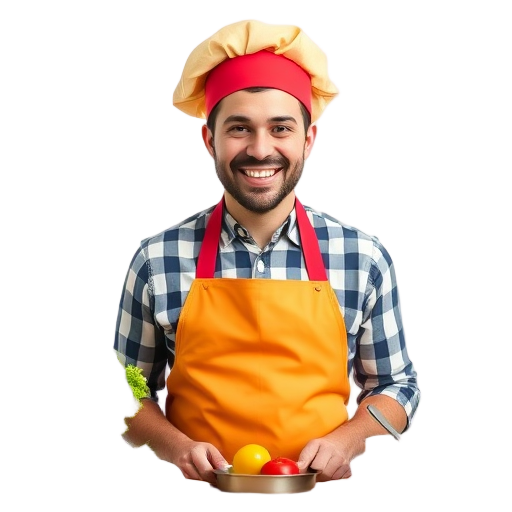 Een glimlachende persoon in een schort met fruitschaal.