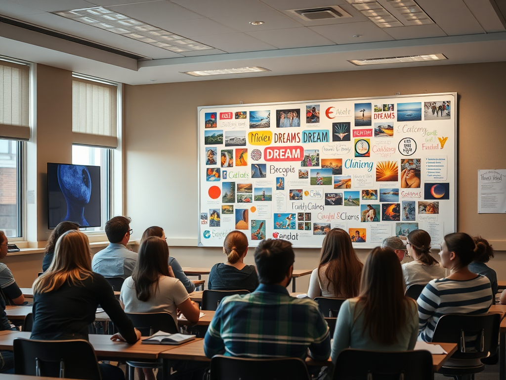 Een rustige klas met mensen in diep gesprek en een vision board.