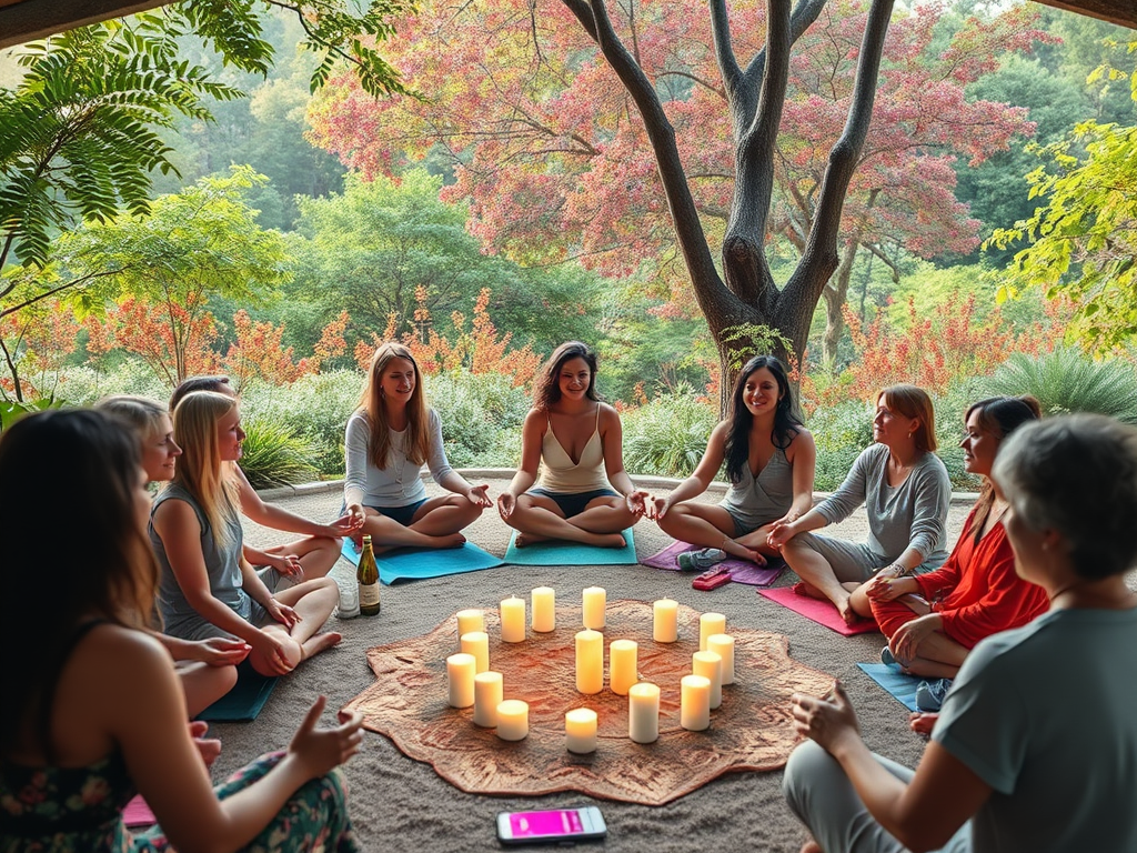 Een serene workshop met mensen die mediteren in een cirkel van kaarsen.