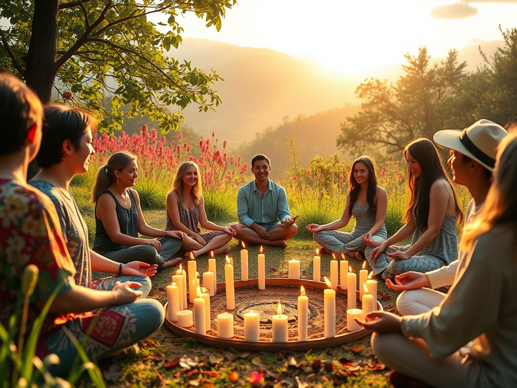 Een serene workshopsetting met mensen die mediteren rond kaarsen.