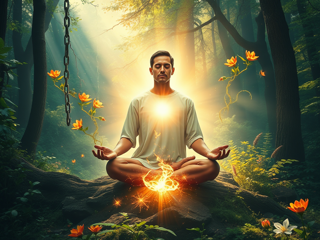 A serene figure meditating "surrounded by glowing light" "shattered chains falling away" "vibrant nature blossoming" symbolizing growth, strength, and transformation in a mystical forest setting.