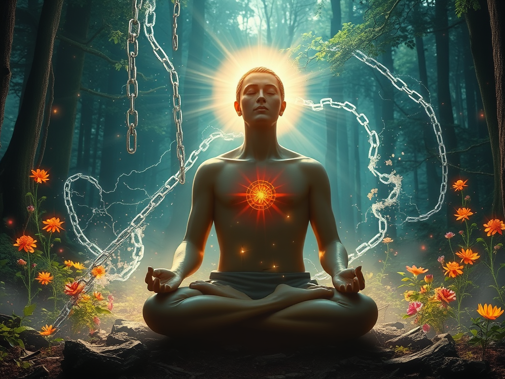 A serene figure meditating "surrounded by glowing light" "shattered chains falling away" "vibrant nature blossoming" symbolizing growth, strength, and transformation in a mystical forest setting.