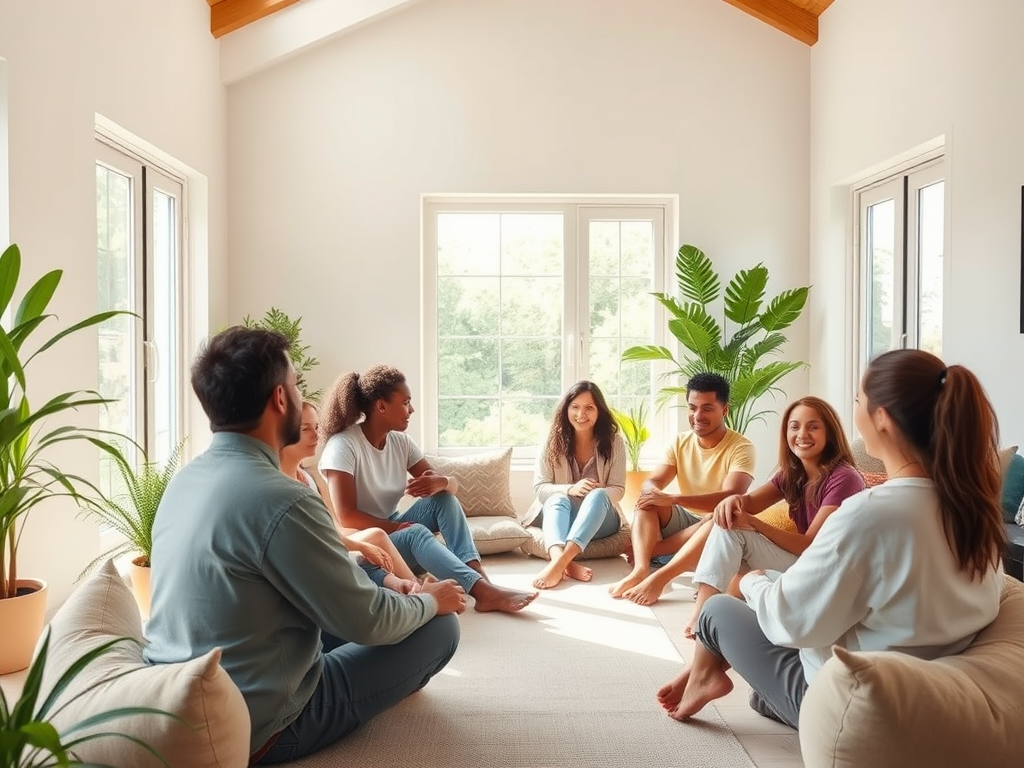 "A serene, sunlit room with diverse people sitting in a circle" "expressive faces showing relief and empowerment" "soft natural light filtering through large windows" "calm, warm color palette" "plants and cozy cushions enhancing a peaceful atmosphere"