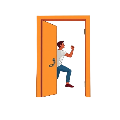 "Open door" "Bright light" "Person stepping" "Dynamic pose" "Radiant energy" "Breaking chains" "Bold colors"